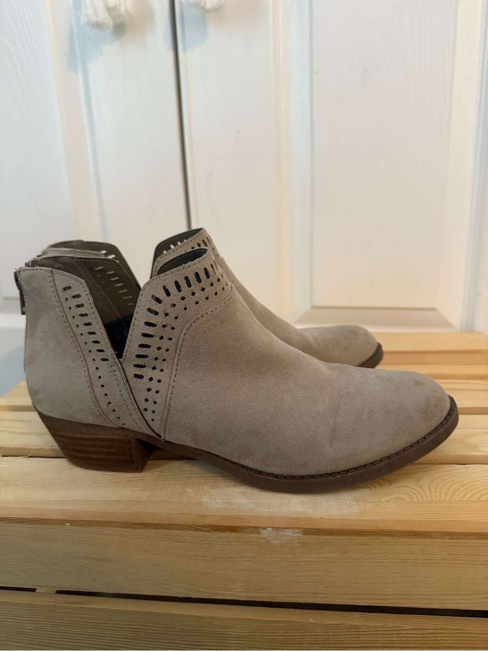 Women’s Taupe Suede Ankle Booties with Low Heel